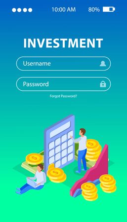 Investment isometric background for authorization page with fields for username and password coins diagrams and people vector illustrationのイラスト素材