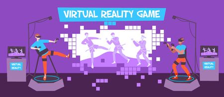 VR game composition with flat indoor scenery and gamers with joysticks on podiums with holographic image vector illustrationのイラスト素材