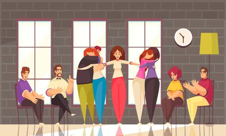 Psychotherapy group therapy session flat composition with young ladies led by therapist hugging each other vector illustrationのイラスト素材