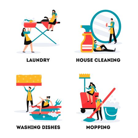 House cleaning services and industrial cleaners teams 4 flat compositions with laundry mopping washing dishes vector illustration のイラスト素材