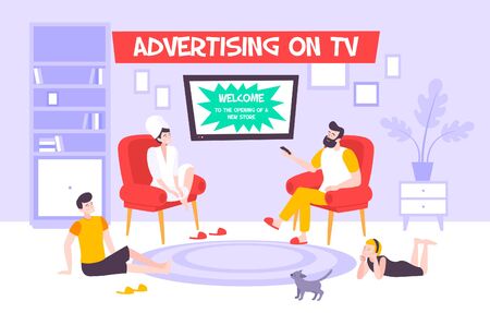 Advertising tv flat composition of living room interior with relaxing family and television set showing advertisement vector illustrationのイラスト素材