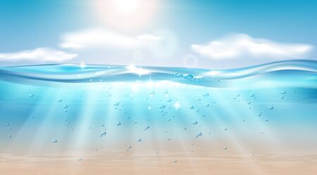 Underwater ocean wave landscape realistic composition with sky and shining sun with water bubbles and vector illustrationのイラスト素材