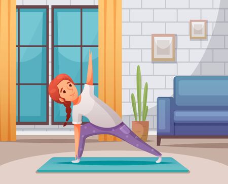 Kids yoga at home background with training symbols cartoon vector illustrationのイラスト素材