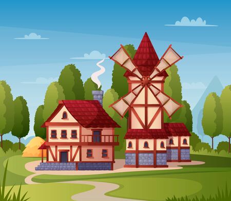 Medieval town cartoon background with mill house and road vector illustrationのイラスト素材