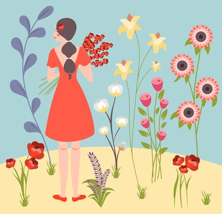 Flower girl in red preparing bouquet for wedding ceremony against exotic blooming plants background flat vector illustration のイラスト素材