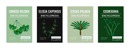 Set of four isolated vertical posters with colourful encyclopedia images of prehistoric plants and editable text vector illustrationのイラスト素材