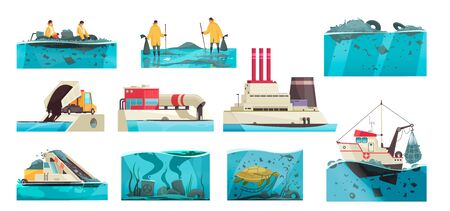 Nature water pollution set of isolated icons with flat underwater landscapes and waste collecting appliances workers vector illustrationのイラスト素材