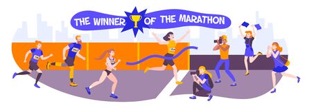 Winner runner horizontal composition with cityscape silhouette background and doodle characters of running people with text vector illustrationのイラスト素材