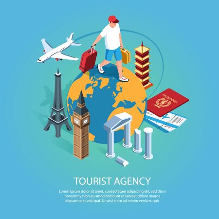Isometric tourist agency background with editable text description and character of man walking on earth globe vector illustrationのイラスト素材