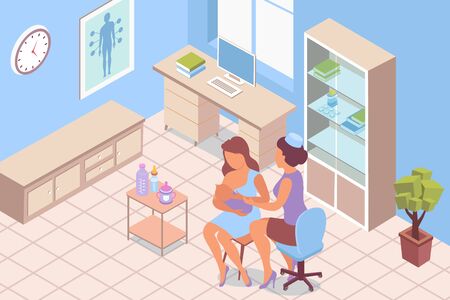 Breastfeeding consultation lactation isometric composition with indoor scenery of clinic room with doctor and nursing woman vector illustrationのイラスト素材