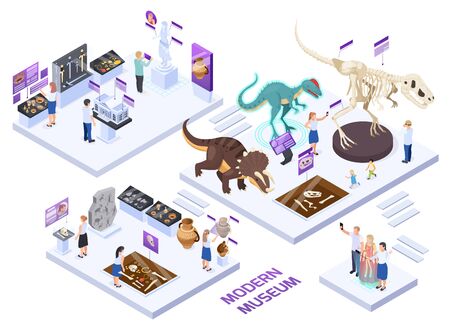 Modern natural history museum halls isometric set with fossils jars dinosaurs  interactive exhibits visitors experience vector illustrationのイラスト素材