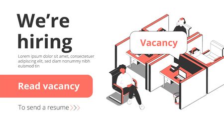 Staffing recruitment agency employment vacancies hiring service isometric landing page banner with job seeker interview vector illustrationのイラスト素材