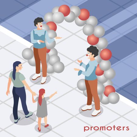 Promoters isometric background with people in clown costumes beckoning passers to opening of new store vector illustrationのイラスト素材