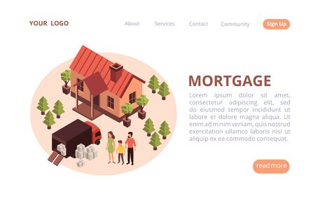 Mortgage web banner isometric website background with round composition and clickable links with text and buttons vector illustrationのイラスト素材