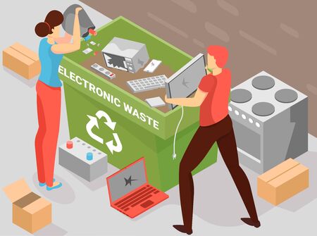 Battery recycling background with electronic waste symbols isometric vector illustrationのイラスト素材