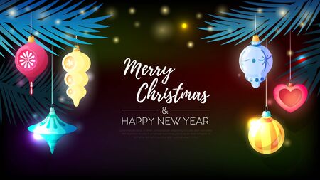 Christmas vintage retro toys horizontal poster with composition of ornate text fir needle and christmas balls vector illustrationのイラスト素材