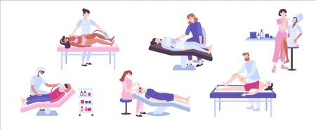 Cosmetic procedures flat set with human characters of medical specialists equipment and clients on blank background vector illustrationのイラスト素材