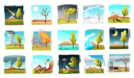 Natural disaster set of isolated drawn style square compositions with wild landscapes and forces of nature vector illustrationのイラスト素材