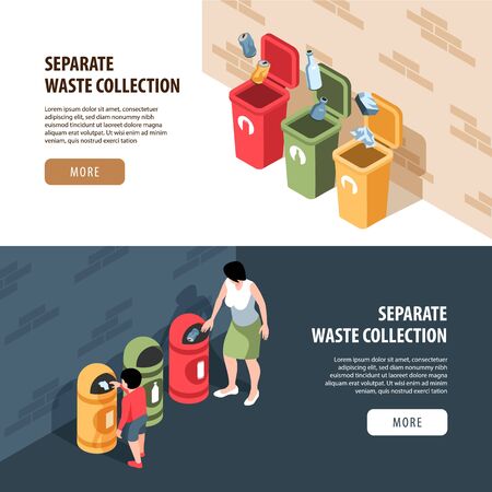 Set of two horizontal isometric garbage waste recycling banners with editable text more button and people vector illustrationのイラスト素材