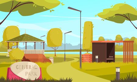 Summer empty city park landscape flat composition with gazebo walkers runners path lanterns trees benches vector illustrationのイラスト素材