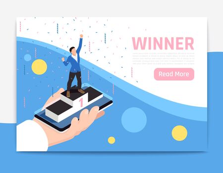 Isolated isometric winner banner with abstract composition and pink read more button composition vector illustrationのイラスト素材