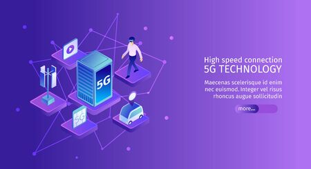 Isometric 5g internet horizontal banner with molecule shaped images of network elements with text...