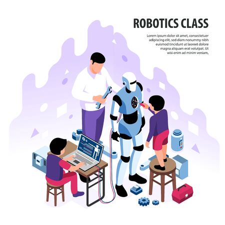 Isometric robotics kids education background composition with editable text and children with adult character building android vector illustrationのイラスト素材