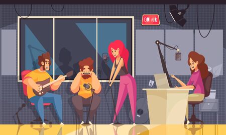 Radio studio background with music recording symbols flat  vector illustrationのイラスト素材