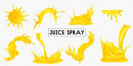 Juice spray and drop realistic transparent set isolated vector illustrationのイラスト素材