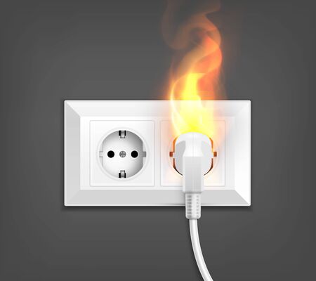 Burning power socket realistic composition with image of double wall outlet with fire and electric plug vector illustrationのイラスト素材
