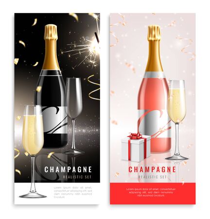 Two vertical realistic champagne banner set with black and red style of bottle vector illustrationのイラスト素材
