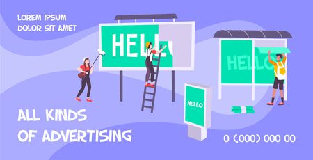 Advertising banner agency flat background with editable text and images of people posting ads on billboards vector illustrationのイラスト素材