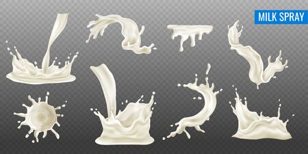 Milk splash and spray realistic transparent set isolated vector illustrationのイラスト素材