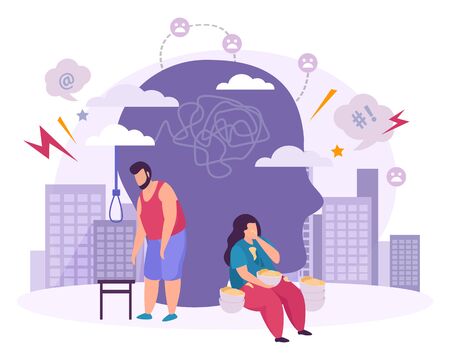 Mental disorders  flat composition with male and female characters suffering from bulimia and suicidal mania vector illustrationのイラスト素材
