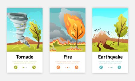 Natural disasters 3 flat vertical web banners set with tornado earthquake and wildfire compositions isolated vector illustrationのイラスト素材