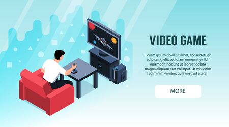 Isometric video game horizontal banner with editable text clickable more button and images of playing man vector illustrationのイラスト素材