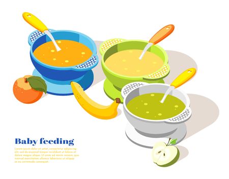 Baby infant toddler child healthy food serving isometric background composition with banana apple puree bowls vector illustrationのイラスト素材