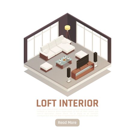 Modern loft home tv movie center interior with glass window walls sofa banquettes isometric view vector illustration のイラスト素材