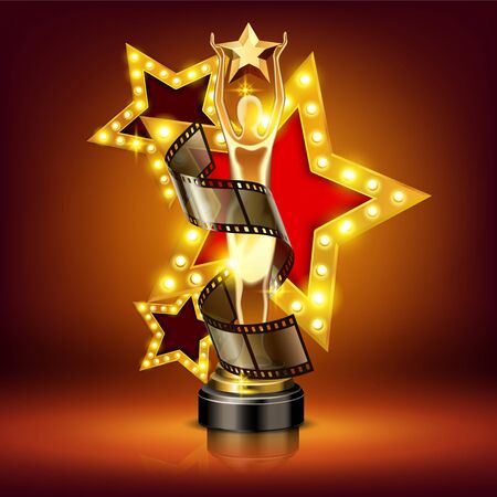 Cinema award realistic composition with film figurine and glowing star on stage with lights and shadows vector illustrationのイラスト素材