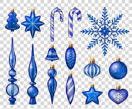 Set of blue and white toys for christmas tree decoration on transparent background realistic isolated vector illustrationのイラスト素材