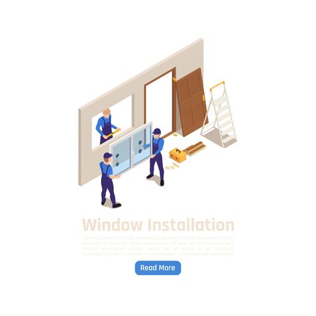 Building construction new pvc glass windows installation with workers adjusting insulated glazing wall element isometric vector illustration のイラスト素材