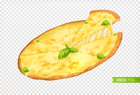 Hot pizza with piece realistic composition on transparent background with cheese pizza and slice with text vector illustrationのイラスト素材