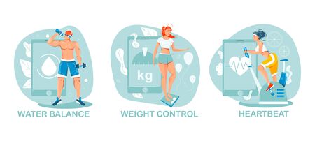 Flat composition with people doing sports and using gadgets for keeping control over water balance weight and heartbeat isolated vector illustrationのイラスト素材