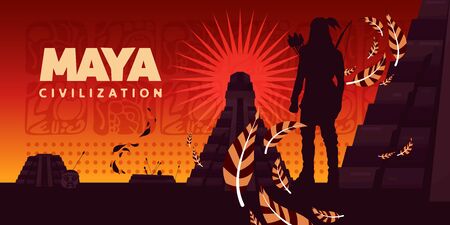 Maya civilization horizontal vector illustration with silhouette of indian looking at at kukulkan pyramid on sunrise background のイラスト素材