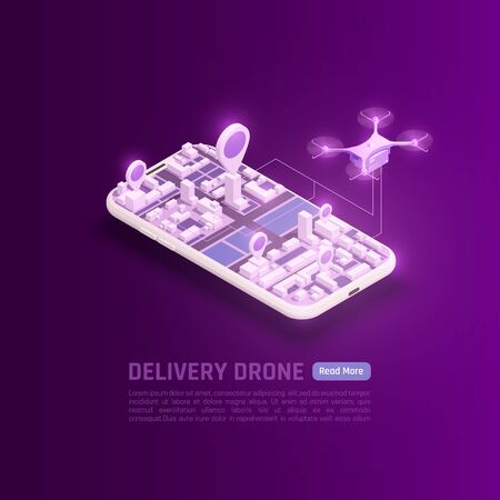 Drones quadrocopters isometric background with images of quadcopter and smartphone with city blocks and editable text vector illustrationのイラスト素材