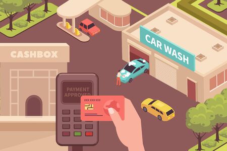Contactless payment isometric composition of outdoor scenery with car wash building and credit card machine terminal vector illustrationのイラスト素材