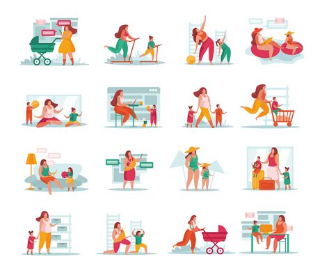 Motherhood flat colored icons set with woman spending time with her daughter and son isolated on white background vector illustrationのイラスト素材