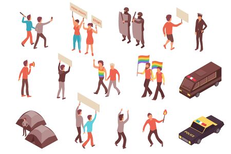 People participating in street protests and police officers isometric icons set 3d isolated vector illustrationのイラスト素材