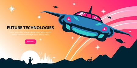 Future technologies colorful horizontal poster  illustrated fantastic vehicle for air tourism vector illustration のイラスト素材