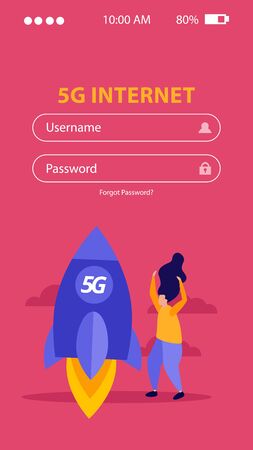 High speed internet mobile app design with username and password inputs and rocket sign flat vector illustrationのイラスト素材